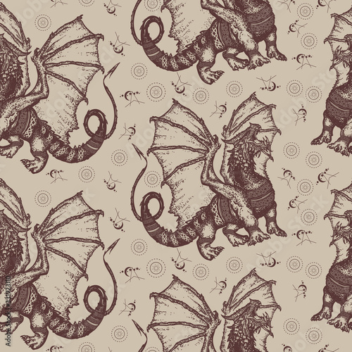 Strong dragon with celtic ornament. Seamless pattern. Packing old paper, scra...