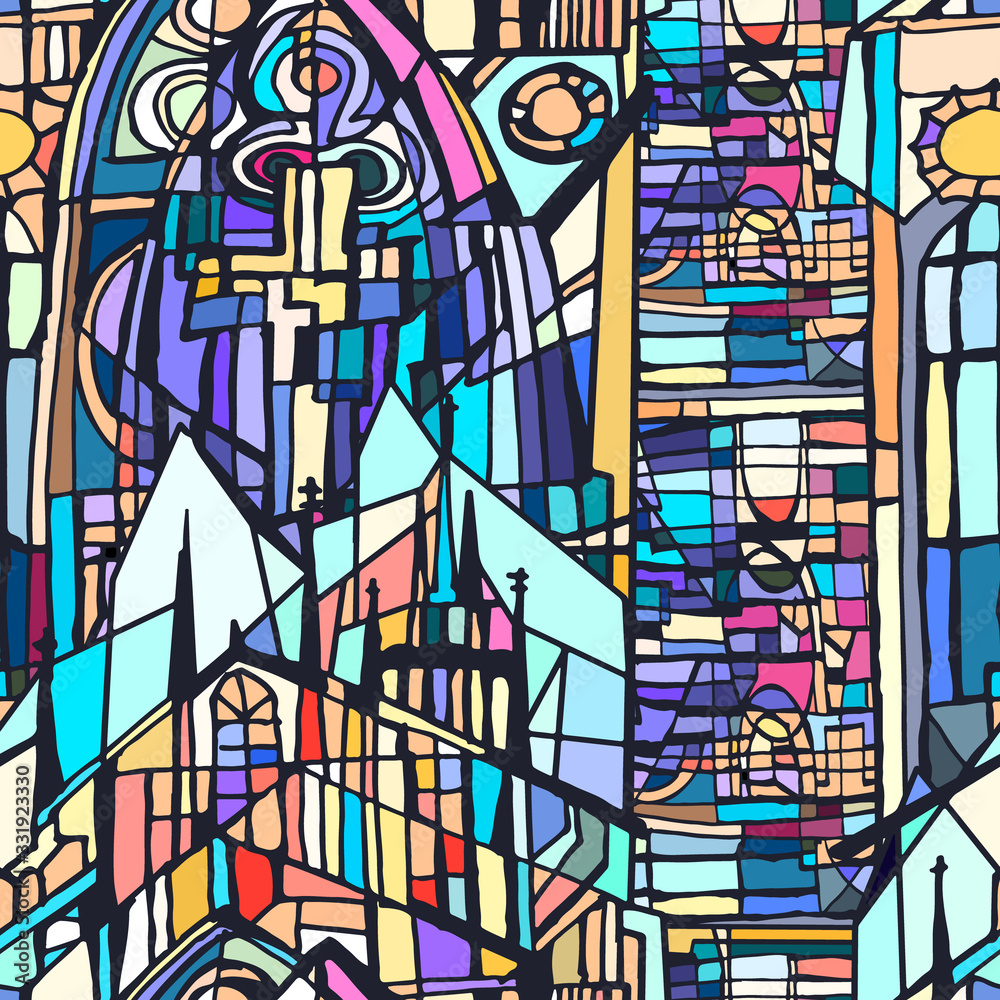 Abstract colorul illustration with stained glass sketches of fictional Gothic city. Hand drawn. 