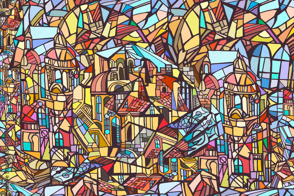 Obraz premium Abstract colorul illustration featuring fictional Gothic city architecture elements such as towers and stained glass windows. Hand drawn.