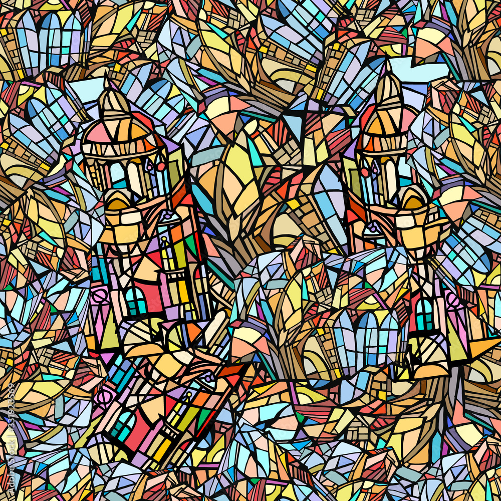 Abstract illustration with sketch elements of fantasy Gothic city. Background with decorative Gothic roofs, windows and towers. Stained glass texture. Hand drawn.
