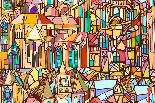 Abstract colorful illustration featuring fantasy Gothic city. Background with decorative Gothic roofs, windows and towers. Stained glass texture. Hand drawn.