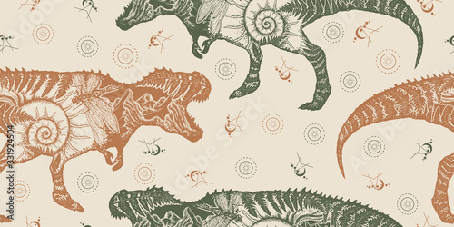 Tyrannosaur double exposure. Seamless pattern. Packing old paper, scrapbooking style. Vintage background. Medieval manuscript, engraving art. T-Rex dinosaur monster