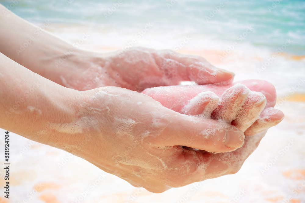 Antibacterial soap in the hands. Hand disinfection with soap. Cleanliness and hygiene in everyday life. Hand hygiene Antibacterial soap in the hands. Hand disinfection with soap. Cleanliness and hygiene in everyday life. Hand hygiene