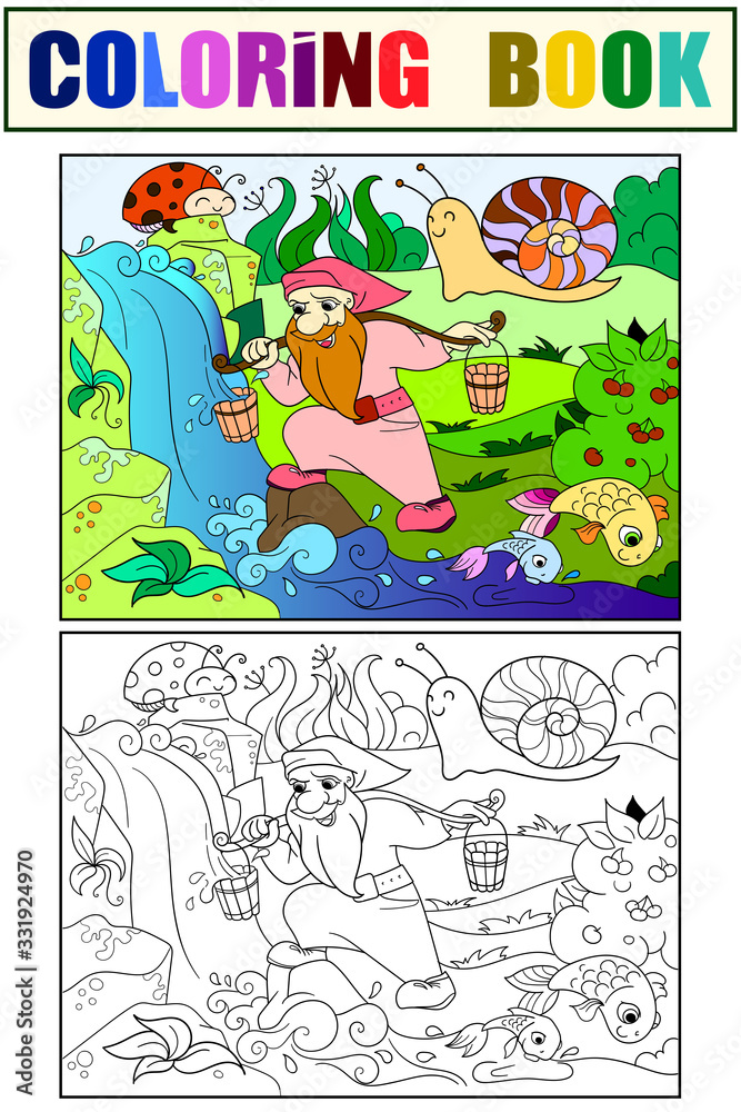 Fototapeta premium Childrens coloring and color. Forest, a magic dwarf is picking up water in a creek