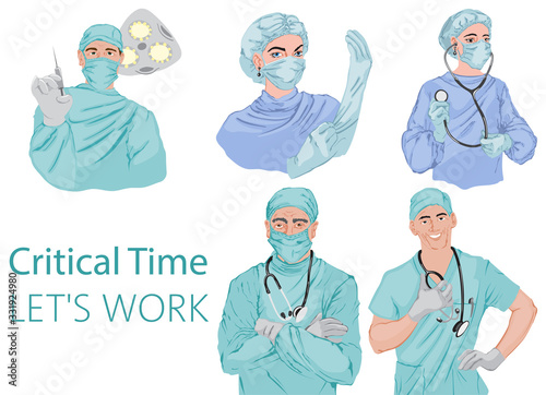 Doctors fighting against corona virus Vector icons. Pandemic epidemiology infectious diseases