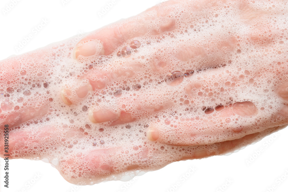 Fototapeta premium Antibacterial soap in the hands. Hand disinfection with soap. Cleanliness and hygiene in everyday life. Hand hygiene