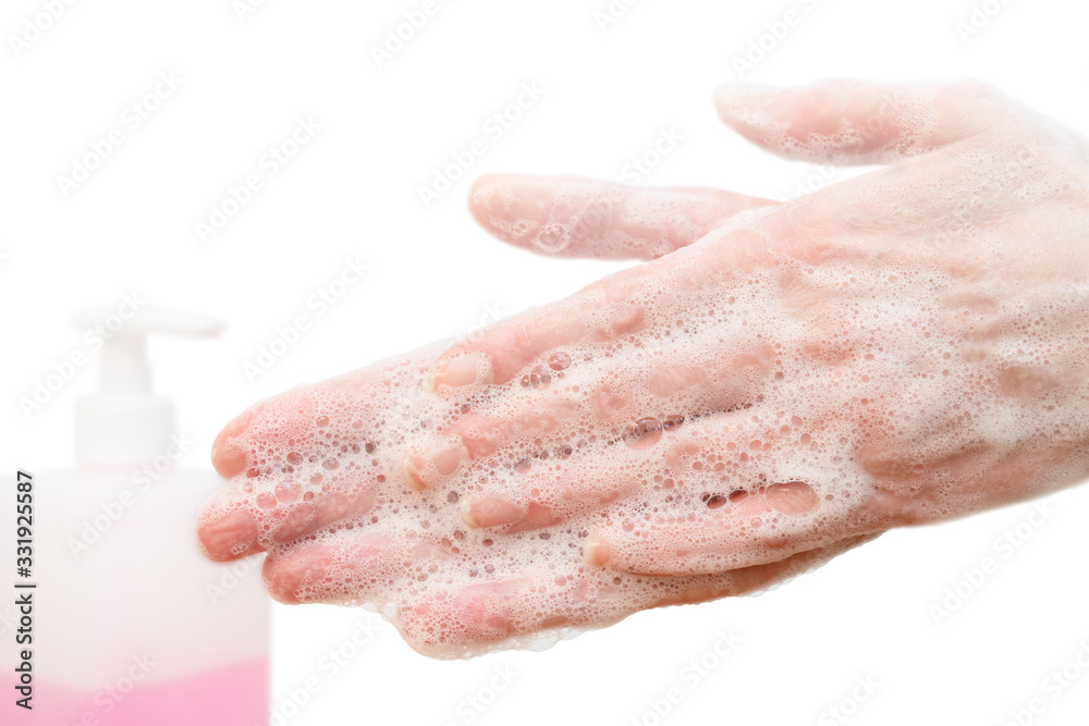 Antibacterial soap in hands. Hand disinfection with soap. Cleanliness and hygiene in everyday life. Hand hygiene Antibacterial soap in hands. Hand disinfection with soap. Cleanliness and hygiene in everyday life. Hand hygiene