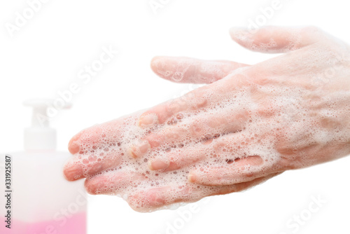 Antibacterial soap in hands. Hand disinfection with soap. Cleanliness and hygiene in everyday life. Hand hygiene
