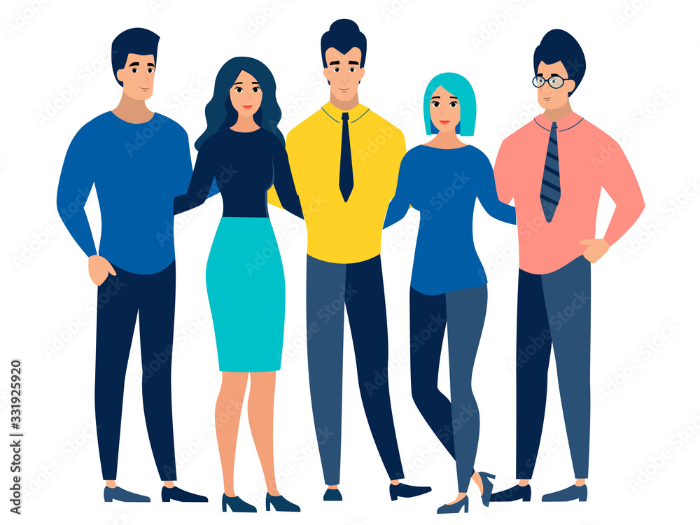 Five friends are hugging. In minimalist style. Cartoon flat raster Five friends are hugging. In minimalist style. Cartoon flat raster