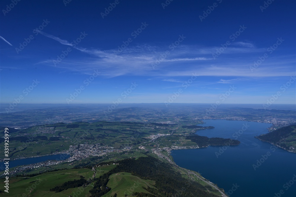 Zugersee and landscape in the mountains over the country in Switzerland