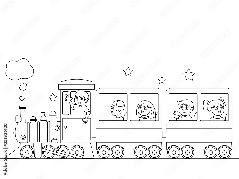 Fototapeta Children coloring, train with babies. Black lines, white background. Cartoon raster