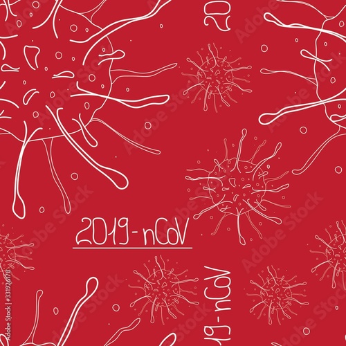 Seamless pattern Coronavirus isolated on dark red background. Line art in doodle. Global epidemic of 2019. Design of coronavirus quarantine, wrapping, textile, backdrop. Vector stock illustration.