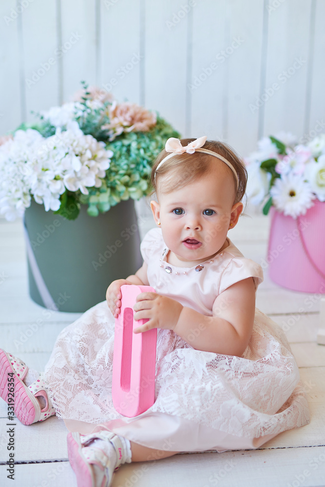 Smash cake party. Little cheerful birthday girl with first cake. Happy infant baby celebrating his first birthday. Decoration and photo zone for first year. One year baby celebration. Pink decor. Smash cake party. Little cheerful birthday girl with first cake. Happy infant baby celebrating his first birthday. Decoration and photo zone for first year. One year baby celebration. Pink decor.