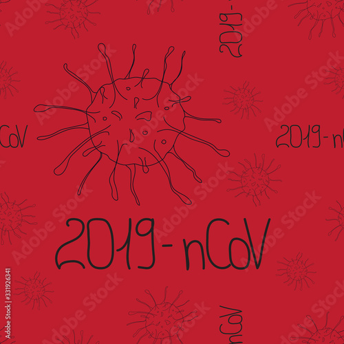 Seamless pattern Coronavirus isolated on red background. Line art in doodle. Global epidemic of 2019. Design of coronavirus quarantine, wrapping, textile, backdrop. Vector stock illustration.
