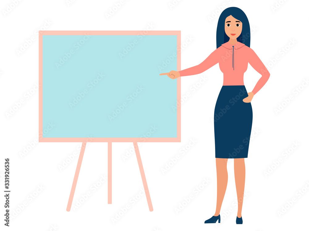 Office worker, woman with blank empty board. In minimalist style. Cartoon flat raster Office worker, woman with blank empty board. In minimalist style. Cartoon flat raster