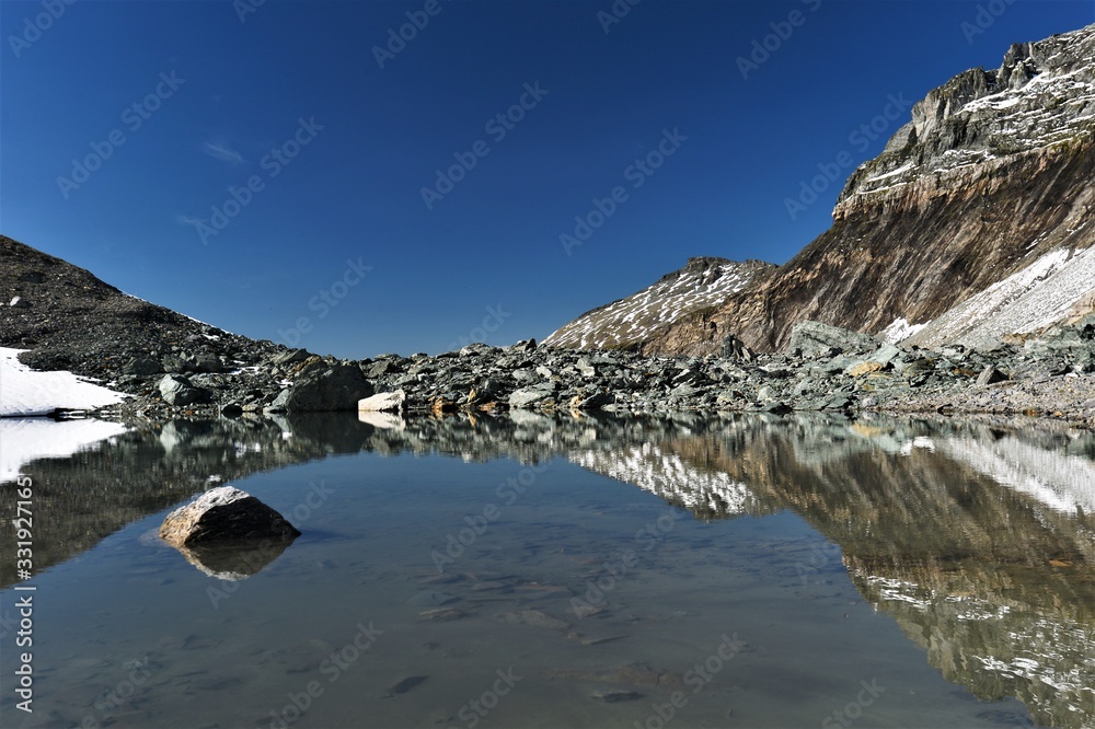 mountain lake in the swiss alps on a beautiful day with reflections