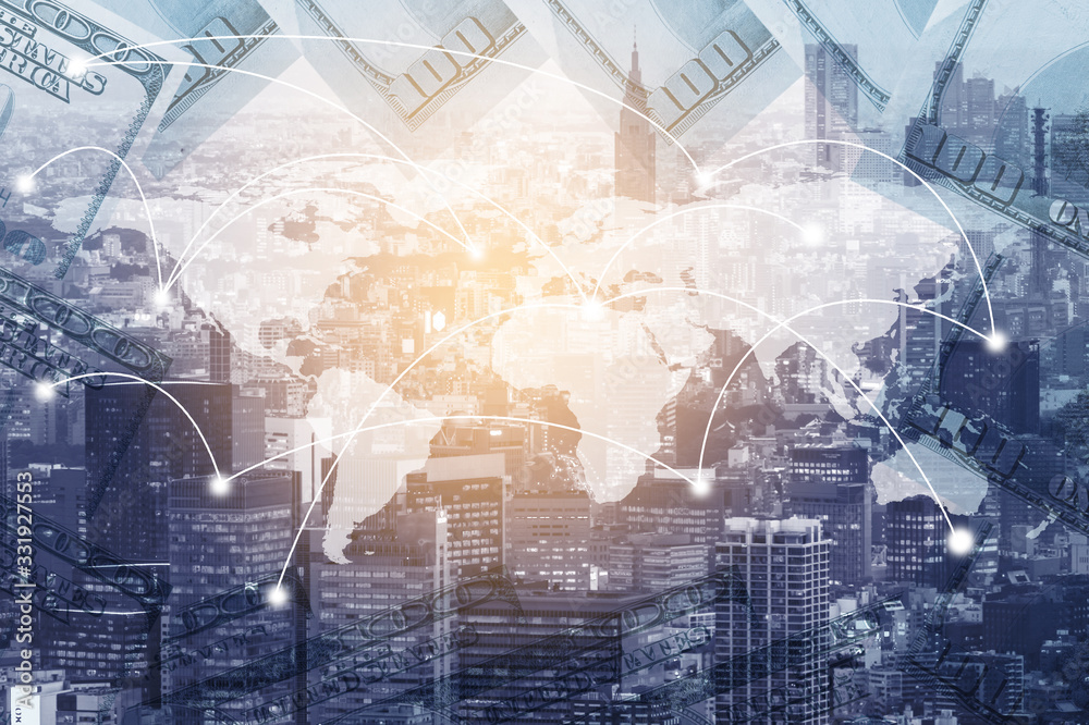 Obraz premium Double exposure digital networking technology on Money and financial city background. Concept of future business trend. element of this images furnished by NASA.