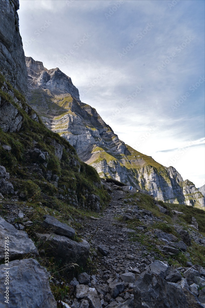 hiking trail in the glarus mountains in switzerland