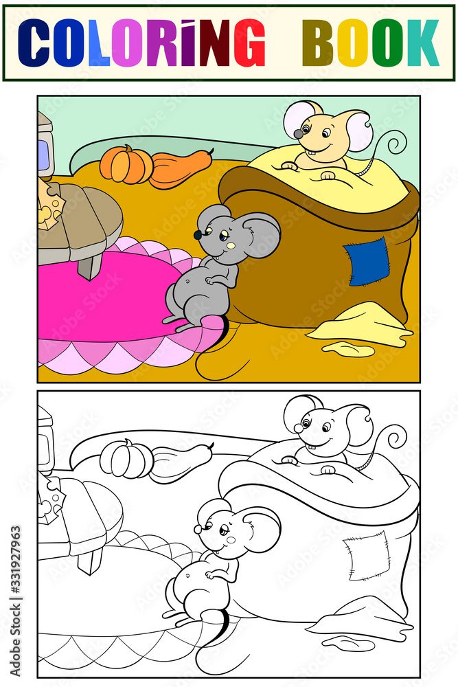 Set, children coloring book and color picture. The mice have eaten and are resting in a closet.