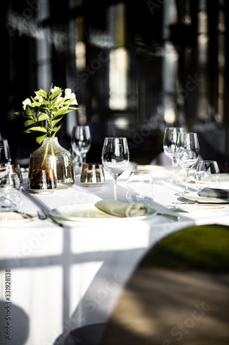 Beautiful table set for an event party or wedding reception . restaurant interior