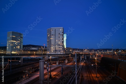 Railway tracks in Zurich Switzerland in the blue hour