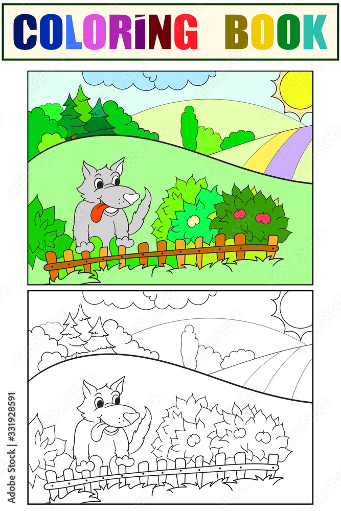 A funny wolf looks out over the fence. Set of coloring book and color sketch for example.