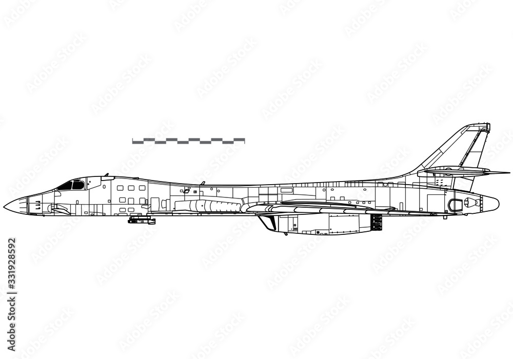Rockwell B-1B Lancer with Sniper Targeting Pod. Vector drawing of strategic bomber. Side view. Image for illustration and infographics. Rockwell B-1B Lancer with Sniper Targeting Pod. Vector drawing of strategic bomber. Side view. Image for illustration and infographics.