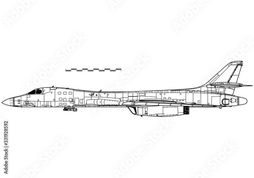 Rockwell B-1B Lancer with Sniper Targeting Pod. Vector drawing of strategic bomber. Side view. Image for illustration and infographics. photo