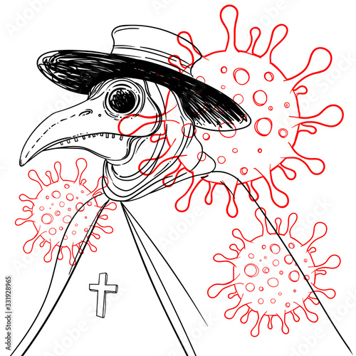 Vector gothic illustration of plague doctor. Tattoo art. Sketchy style. Medieval venetian scary bird mask. Alchemy, tattoo art, t-shirt design. Medieval medicine.