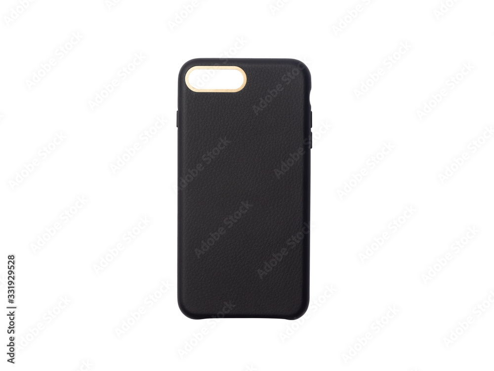 Black blank leather smartphone case isolated on white background with clipping path for your design.