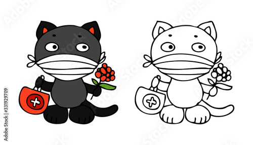 Cat has wearing face mask. Cute illustration of cat - doctor. Vector illustration for concept quarantine and illness treatment coronavirus. Illustration for pediatrician or pediatric ward hospital.