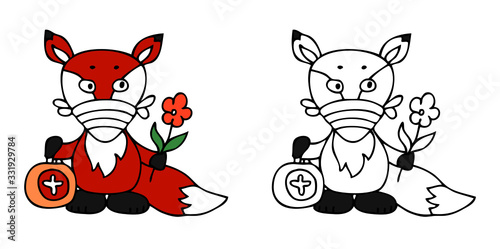 Fox has wearing face mask. Cute illustration of fox - doctor. Vector illustration for concept quarantine and illness treatment coronavirus. Illustration for pediatrician or pediatric ward hospital.