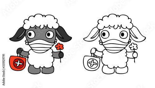 Sheep has wearing face mask. Cute illustration of sheep - doctor. Vector illustration for concept quarantine and illness treatment coronavirus. Illustration for pediatrician, pediatric ward hospital.