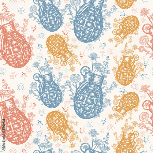 Grenade and flowers. Seamless pattern. Packing old paper, scrapbooking style. Vintage background. Medieval manuscript, engraving art. Symbol of weapon, war and peace