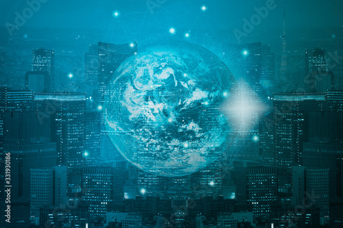 Double exposure technology global network connection and communications concept on city background. Element of this images furnished by NASA.