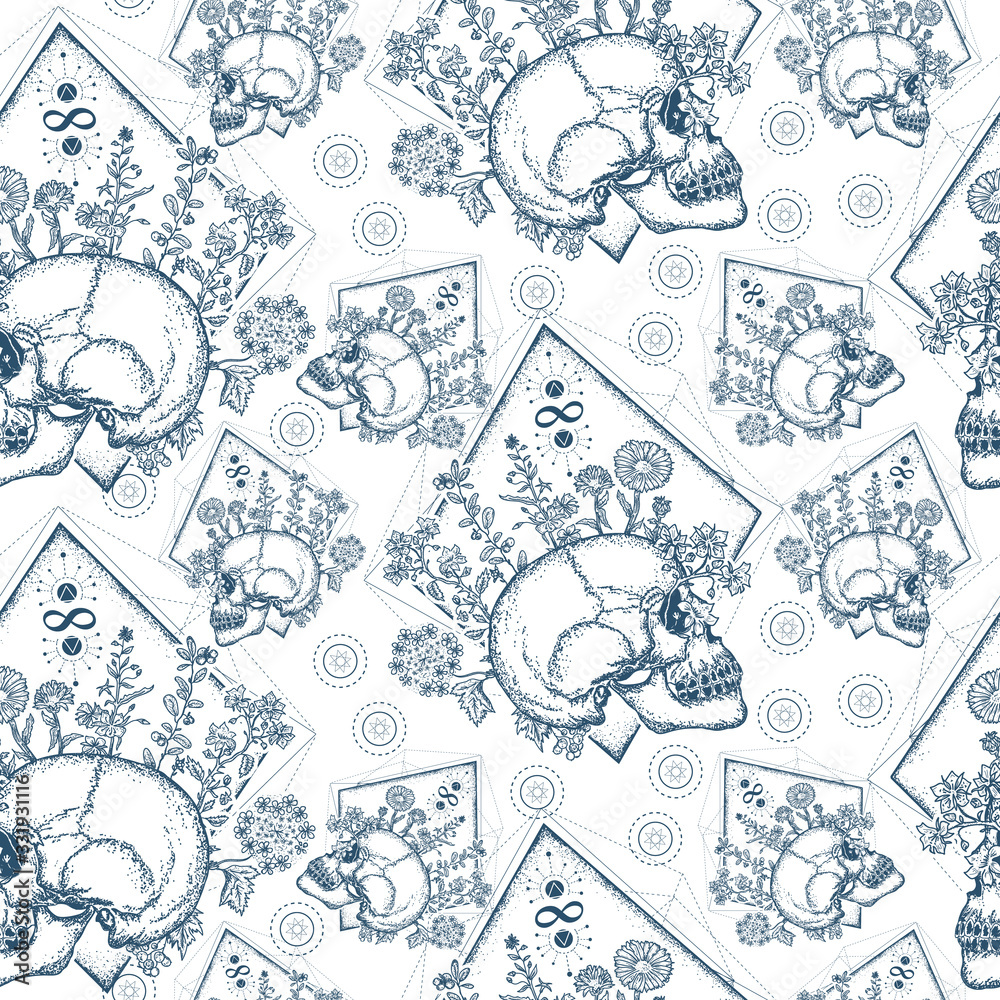 Human skull through which flowers. Seamless pattern. Packing old paper