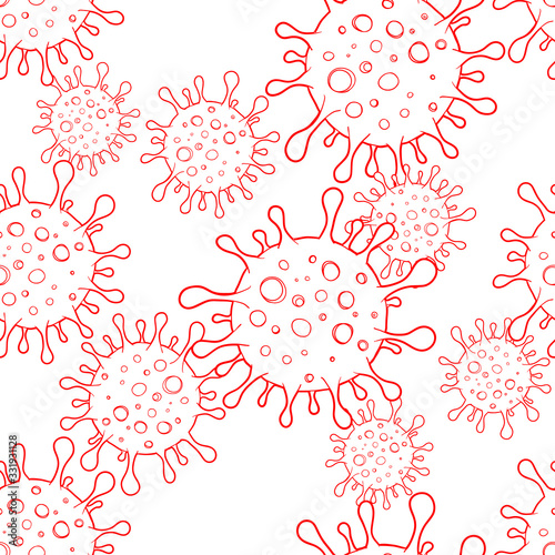 Coronavirus symbol outbreak and coronaviruses influenza seamless pattern. Vector illustration. Coronavirus 2019-nCoV. Pandemic medical health risk, immunology, virology, epidemiology concept.
