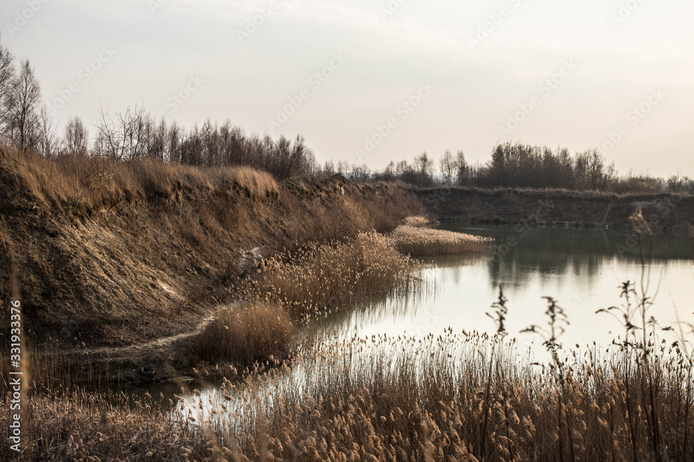 Beautiful lake with tall grass. Lake with blue water. Background.