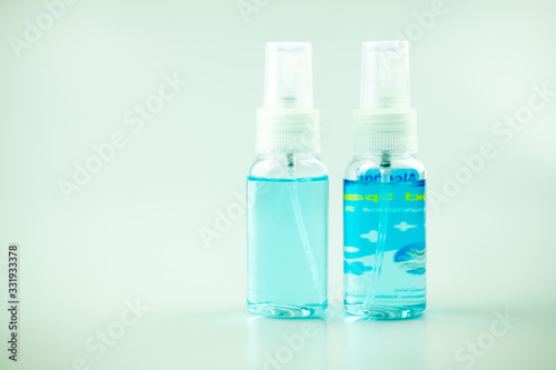 Alcohol pump bottle spray antibacterial. Coronavirus Disease (Covid-19).
