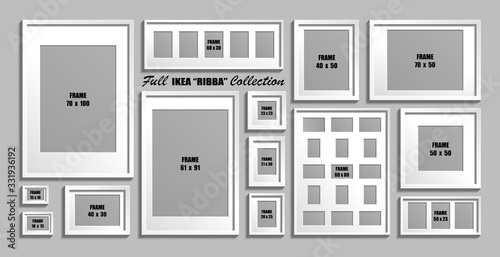 Full collection of IKEA Ribba photo frames. Real sizes. Vector set of white picture frames with passepartout