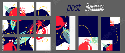 Design backgrounds for social media banner.Set of stories and post frame templates. Mockup for personal blog or shop.Endless square puzzle. summer style dark blue and red.