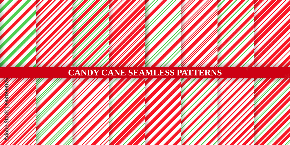 Candy cane stripe pattern. Seamless Christmas background. Vector. Red green peppermint wrapping texture. Xmas holiday diagonal lines. Set cute caramel package prints. Geometric illustration. Candy cane stripe pattern. Seamless Christmas background. Vector. Red green peppermint wrapping texture. Xmas holiday diagonal lines. Set cute caramel package prints. Geometric illustration.