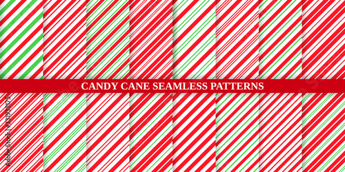 Candy cane stripe pattern. Seamless Christmas background. Vector. Red green peppermint wrapping texture. Xmas holiday diagonal lines. Set cute caramel package prints. Geometric illustration.