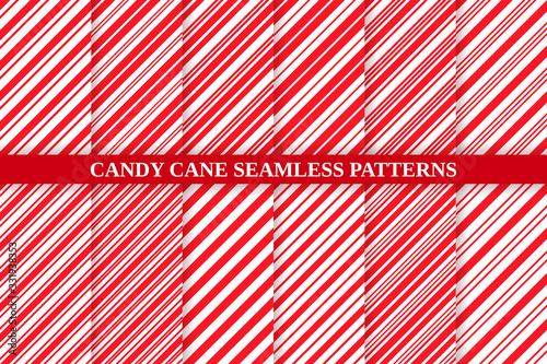 Candy cane striped pattern. Seamless Christmas red background. Vector. Peppermint wrapping texture. Set cute caramel package prints. Xmas holiday diagonal lines. Abstract geometric illustration.