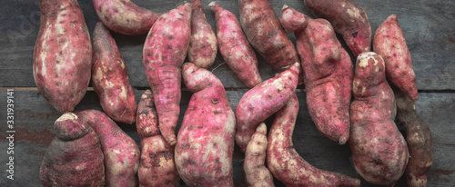 Purple yam on the old wooden floor.