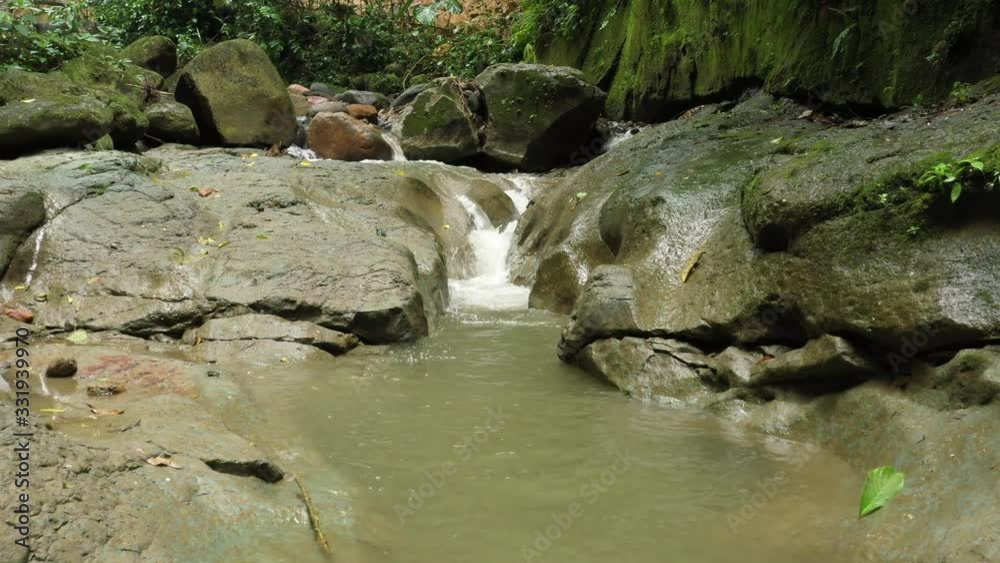 Flying over a small tropical stream with dark water and small cascades
Flying over a small tropical stream with dark water and small cascades