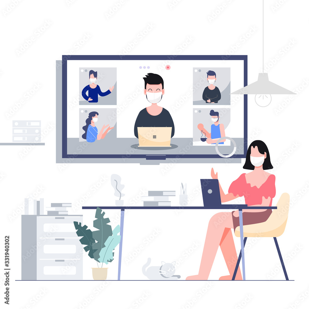 Work from home stay at home teleconference for business locked down. Covid-19 coronavirus outbreak concept. Flat design abstract people. Work from home stay at home teleconference for business locked down. Covid-19 coronavirus outbreak concept. Flat design abstract people.