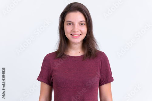 Portrait of happy young beautiful woman smiling