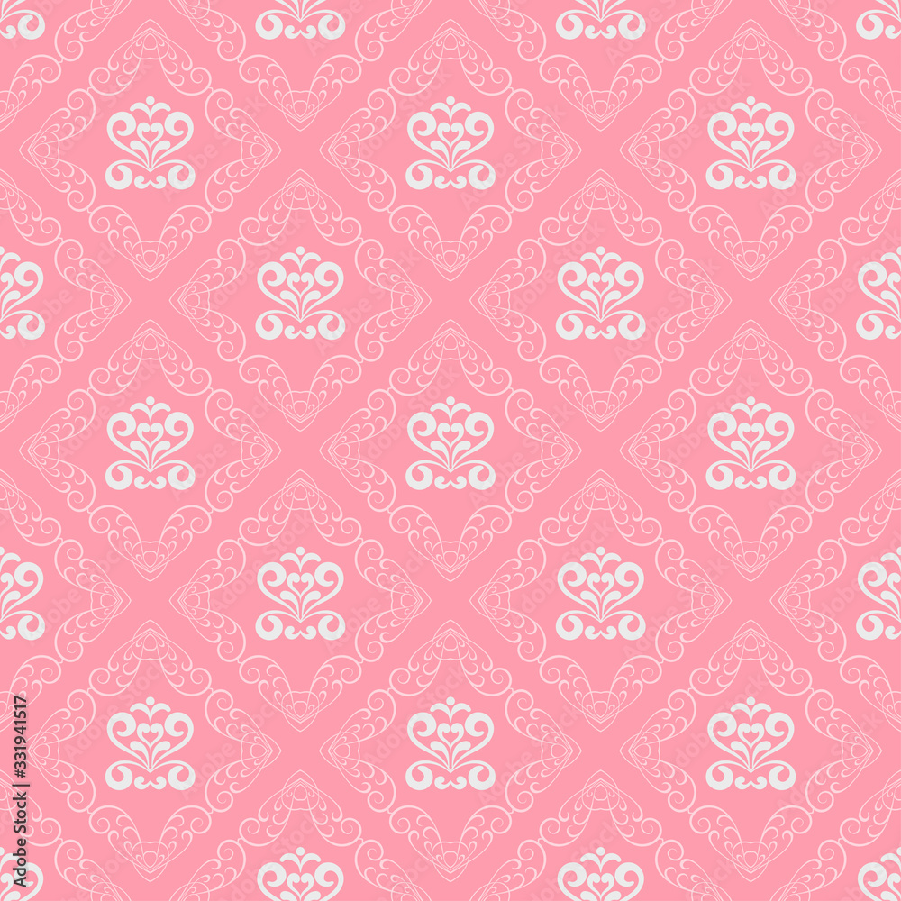 Damask seamless pattern, pink background, texture wallpaper, vector graphic Damask seamless pattern, pink background, texture wallpaper, vector graphic