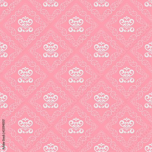 Damask seamless pattern, pink background, texture wallpaper, vector graphic